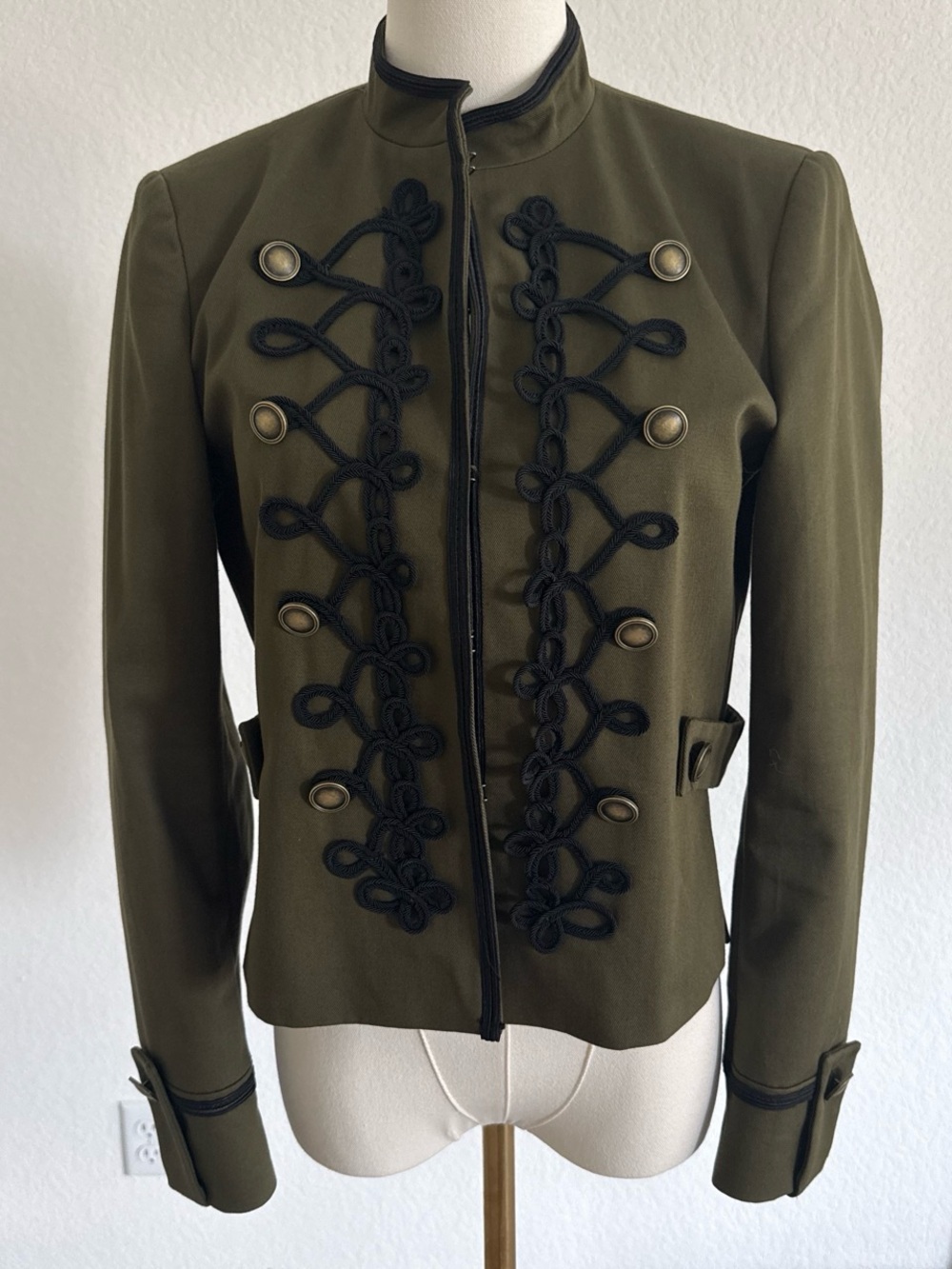 VIRAL Zara Olive Napolean-Style Blazer with Black Braid Trim